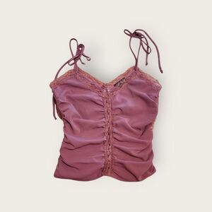 Vintage Y2k XOXO pink ruched slightly cropped tie strap lace trim camisole